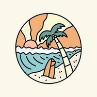 summer vibes vector art. the coconut, surfboard, and wave mono line design