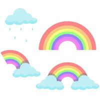 Rainbow and cute clouds with rain isolated on white background in pastel colors. vector