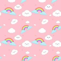 Rainbows and clouds cute seamless pattern decorating small hearts in pastel pink background vector