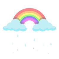 Rainbow and cute clouds with rain isolated on white background in pastel colors. vector