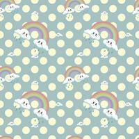 Cute rainbow and clouds seamless pattern decorated with yellow polka dots on pastel pink background. vector
