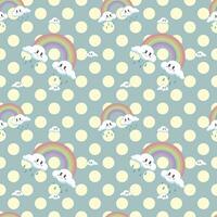 Cute rainbow and clouds seamless pattern decorated with yellow polka dots on pastel pink background. vector