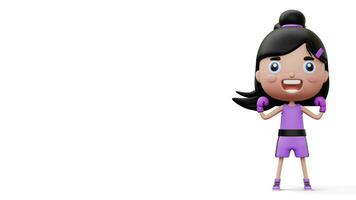 Happy child boxer, fighter girl with boxer glove, kid character, 3d rendering video