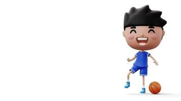 Happy child with basketball ball, cute boy cartoon character, 3d rendering video