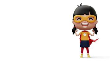 Funny little power superhero child in a hero clothes, hero kid concept, 3d rendering video