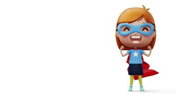 Funny little power superhero child in a hero clothes, hero kid concept, 3d rendering video