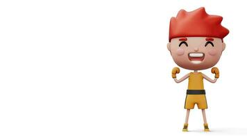 Happy child boxer, fighter boy with boxer glove, kid character, 3d rendering video