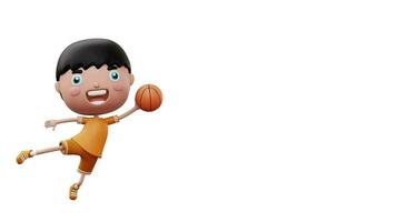 Happy child with basketball ball, cute boy cartoon character, 3d rendering video