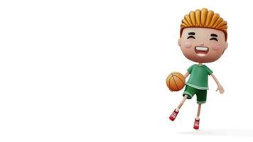 contento bambino con pallacanestro sfera, carino ragazzo cartone animato carattere, 3d interpretazione video