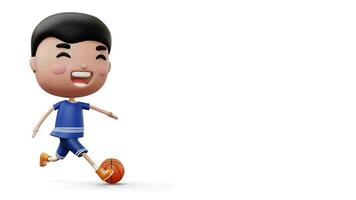 Happy child with basketball ball, cute boy cartoon character, 3d rendering video