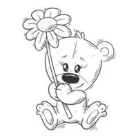 Cute bear holding flowers for coloring vector