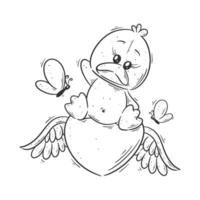 Cute duck sits on a winged heart for coloring vector