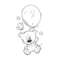 Cute bear flying with balloons for coloring vector