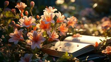 Natural beautiful flowers lie on the pages of an open book against the backdrop of nature. AI generated photo