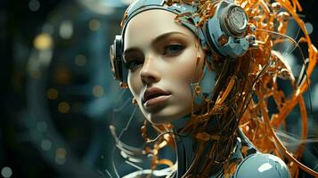 The face of a cyborg robot woman, a mixture of human and computer artificial intelligence. AI generated photo