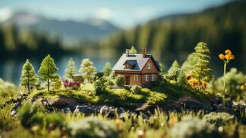 A small model of a toy country house against the backdrop of nature. The concept of real estate outside the city in a mortgage, a loan for housing. AI generated photo