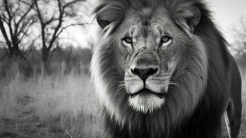 negro y blanco foto de león en África ai generativo