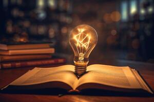 Lightbulb glowing on book idea inspiration reading AI Generative photo