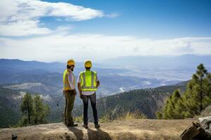 Two environmental engineers overlook a valley from a mountain, technology, conservation, nature AI Generative photo