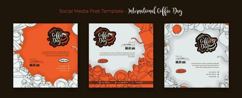 Set of social media post template with doodle art in white and orange background for coffee day vector