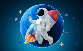 Cartoon spaceman with outer space background, 3d rendering. photo