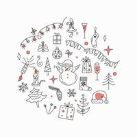 Christmas icons. Contour drawings in doodle style. Winter vector icons on white isolated background..