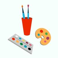 Brush and palette. Palette with multi-colored paints, watercolor, oil paints. Artist's set, drawing lesson at school. Graphic vector. The background is white isolated. vector