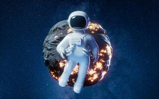 Cartoon spaceman with outer space background, 3d rendering. photo