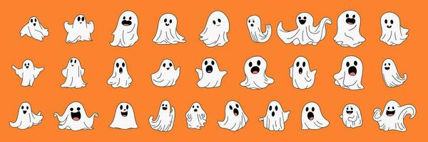 Large collection of hand drawn doodle ghosts isolated on orange background. Set of ghost icons. Vector illustraiton. Outline white ghost set.