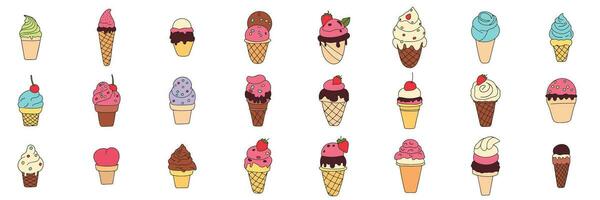 Big set of doodle ice cream. Hand drawn ice cream icon isolated on background. Vector illustration.
