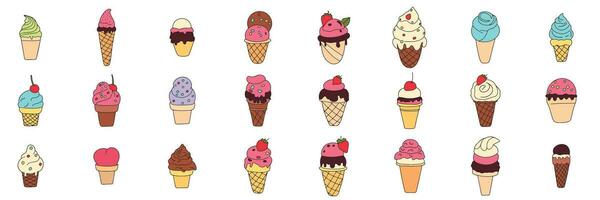 Big set of doodle ice cream. Hand drawn ice cream icon isolated on background. Vector illustration.