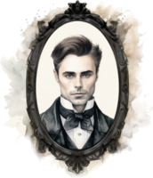 Watercolor victorian man portrait. Handsome stylish guy in the retro suit. Man in the black classic suit. png