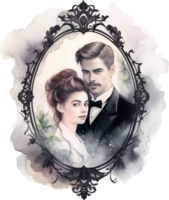 Watercolor victorian couple painting. Novel book cover hand painted design. Edwardian era man and woman in love. Romance novel character. png