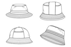 set of bucket hat outline drawing vector, bucket hat in a sketch style,  template outline for training, vector Illustration.