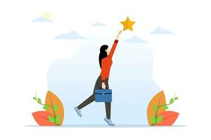 process to reach the stars in career success. fly in the sky happy people. in seventh heaven. the girl trying to reach the stars to success. flat vector illustration on a white background.