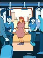 A pregrant lady traveling alone on a train vector colourful illustration.