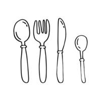 Black and white illustration of a set of cutlery in doodle style. Spoons, fork and knife isolated on a white background vector