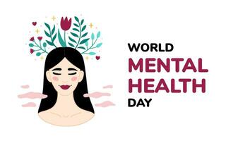 World Mental health Day banner, postcard with asian woman accepting, loving herself and text. Vector illustration for international holiday. Cartoon style, flat design. Mental health concept.