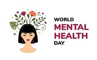 World Mental health Day banner, postcard with Latin woman accepting, loving herself and text. Vector illustration for international holiday. Cartoon style, flat design. Mental health concept.