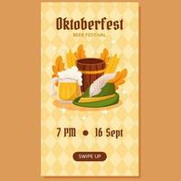 Oktoberfest German beer festival vertical social media stories template. Design with Tyrolean hat, beer mug, wooden barrel, Germany colors festive garland, wheat, leaves. Light yellow rhombus pattern vector