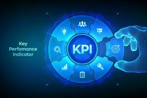 KPI. Key performance indicator business and industrial analysis technology concept on virtual screen. Wireframe hand places an element into a composition visualizing KPI. Vector illustration.