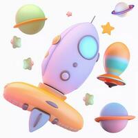 Space 3d planet, satellite, rocket, ufo, comet for multipurpose design. Funny cartoon 3D in space on white background photo