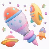 Space 3d planet, satellite, rocket, ufo, comet for multipurpose design. Funny cartoon 3D in space on white background photo