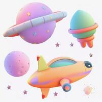 Space 3d planet, satellite, rocket, ufo, comet for multipurpose design. Funny cartoon 3D in space on white background photo