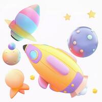 Space 3d planet, satellite, rocket, ufo, comet for multipurpose design. Funny cartoon 3D in space on white background photo