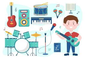 música elementos vector ilustración con varios de Nota y musical instrumentos moderno en plano niños dibujos animados mano dibujado antecedentes plantillas