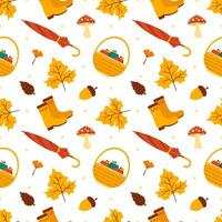 Autumn Season Seamless Pattern Design with Fall Elements in Template Cartoon Flat Illustration vector