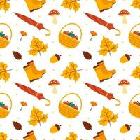 Autumn Season Seamless Pattern Design with Fall Elements in Template Cartoon Flat Illustration vector