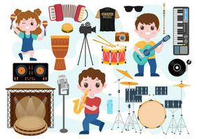 música elementos vector ilustración con varios de Nota y musical instrumentos moderno en plano niños dibujos animados mano dibujado antecedentes plantillas