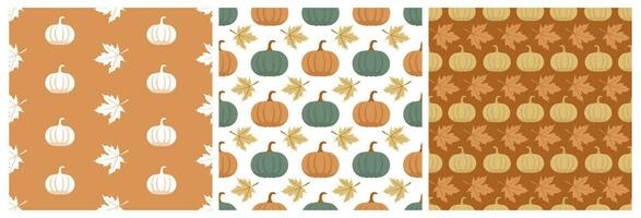 Set of Autumn Season Seamless Pattern Design with Fall Elements in Template Cartoon Flat Illustration vector